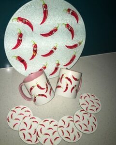 Glass Cheese Serving Board With Set Of 2 Mugs & 6 Coasters