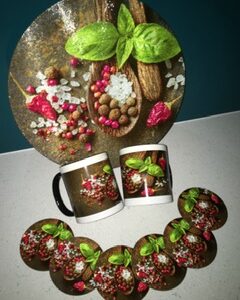 Glass Cheese Serving Board With Set Of 2 Mugs & 6 Coasters