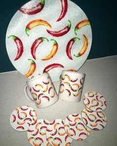 Glass Cheese Serving Board With Set Of 2 Mugs & 6 Coasters